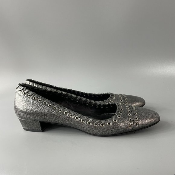 Authentic PRADA Pewter Metallic Leather Block Heels, 36 1/2 - Picture 2 of 11